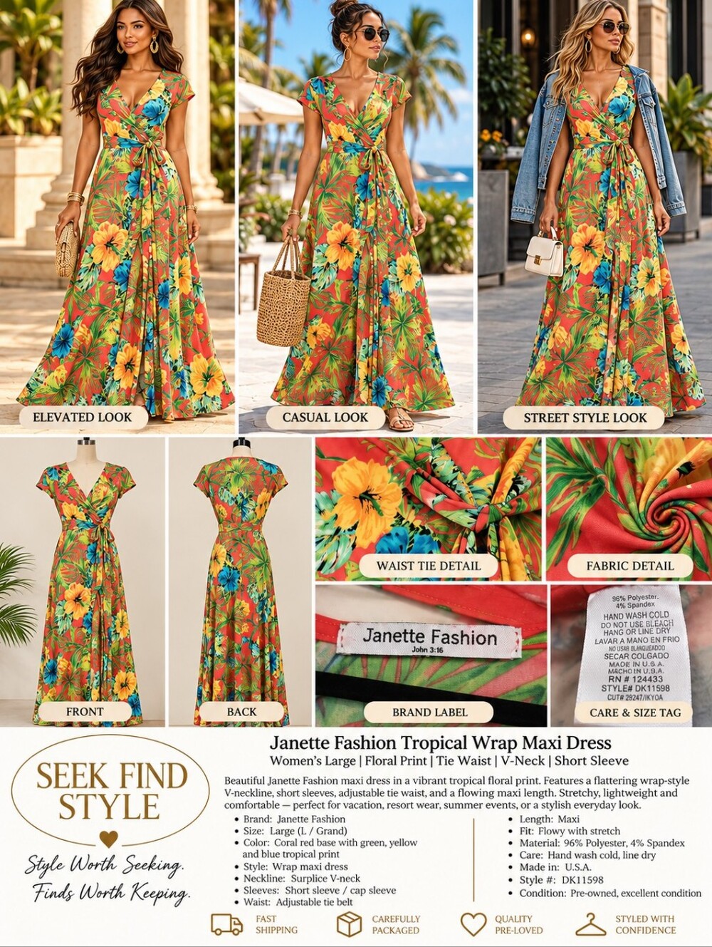 Janette Fashion Large Tropical Floral Wrap Maxi Dress Tie Waist Resort Vacation